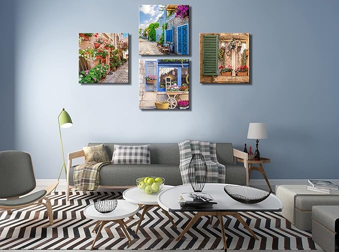 OKEXCKK Tuscan Wall Art Decor, Italy Window View Paintings Nature Landscape Pictures Mediterranean Street Canvas Prints for Bedroom, Living Room, Office Wall Decoration