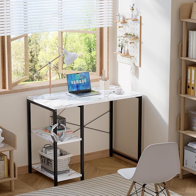 Pamray 32 Inch Small Computer Desk with Shelves, Home Office Desk with Headphone Hook for Bedroom, Study Writing PC Table for Small Spaces, Marble