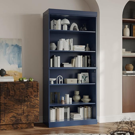 Palace Imports Solid Wood Bookcase - Stackable Modular 6-Tier Bookshelf - 71.5" Tall x 32" W - Navy Blue, Open Display Shelf for Living Room, Office, Renewable 100% Eco-Friendly Wood, Made in Brazil