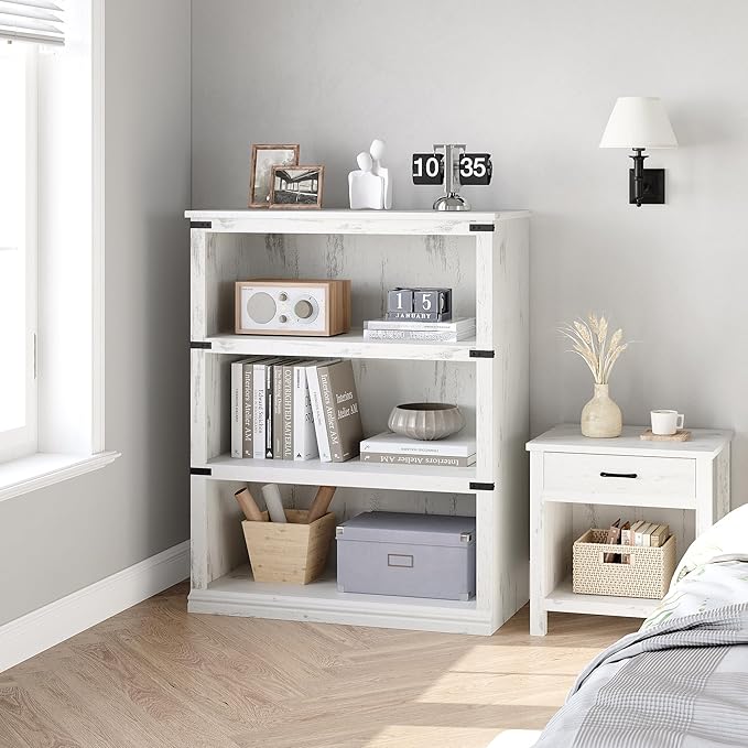 GarveeHome 3 Tier Farmhouse Bookcase, 39.9 in Tall Book Shelf with Storage, Wooden Bookshelves 3 Shelf Display Shelvesfor Home Office, Living Room, Bed Room (White, 39.9 in H x 31.5 in W x 12.8 in D)