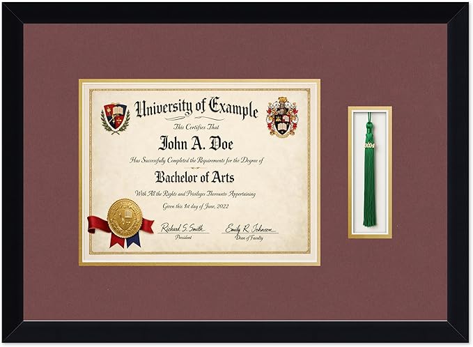 CountryArtHouse Diploma and Tassel Frame Fits 11 x 8.5 US Letter Certificate with Tassel Ho Matte Black Genuine Hardwood Shadowbox with Dark Red Over Metallic Gold Double mat