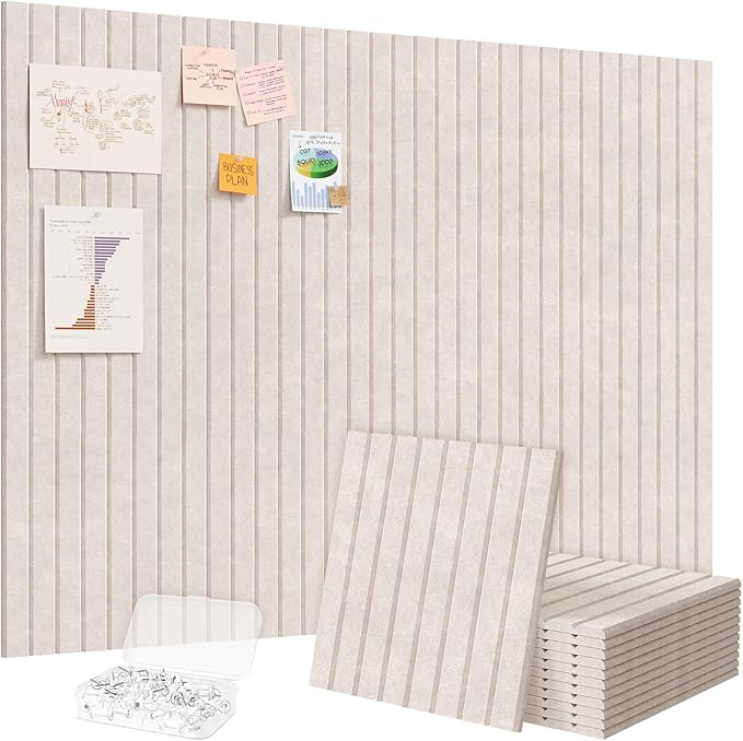 Lifewit Felt Slatted Bulletin Board with Self-Adhesive, 48"x 36"-12 Pack Cork Board Alternative, Pin Board Vision Board Message Board with 50 Pushpins for Office Decor, Room Decor, Oatmeal