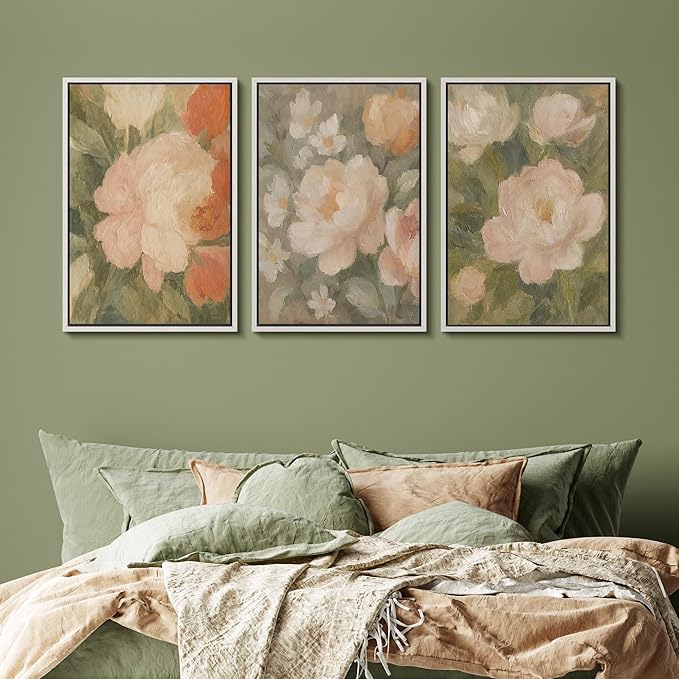 SIGNFORD Framed Wall Art Print Set Soft Pastel Peony Floral Romantic Botanical Digital Art Modern Art Contemporary for Living Room, Bedroom, Office - 24"x36"x3 WHITE