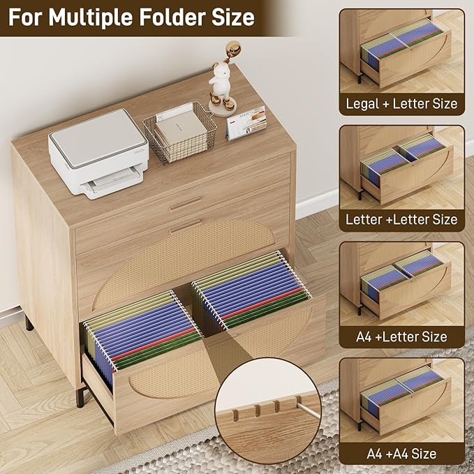Vabches Lateral File Cabinet with 3 Drawers, Modern Rattan File Cabinet for Legal/Letter/A4 Size Hanging Files, Large Wood Printer Stand Home Office, Natural
