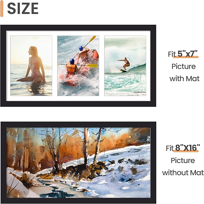 upsimples 8x16 Collage Picture Frame, Display Pictures 3 5x7 with Mat or 8x16 Without Mat, Wall Hanging 3 5x7 Picture Frame Collage Wall Decor, Black, 1 Pack