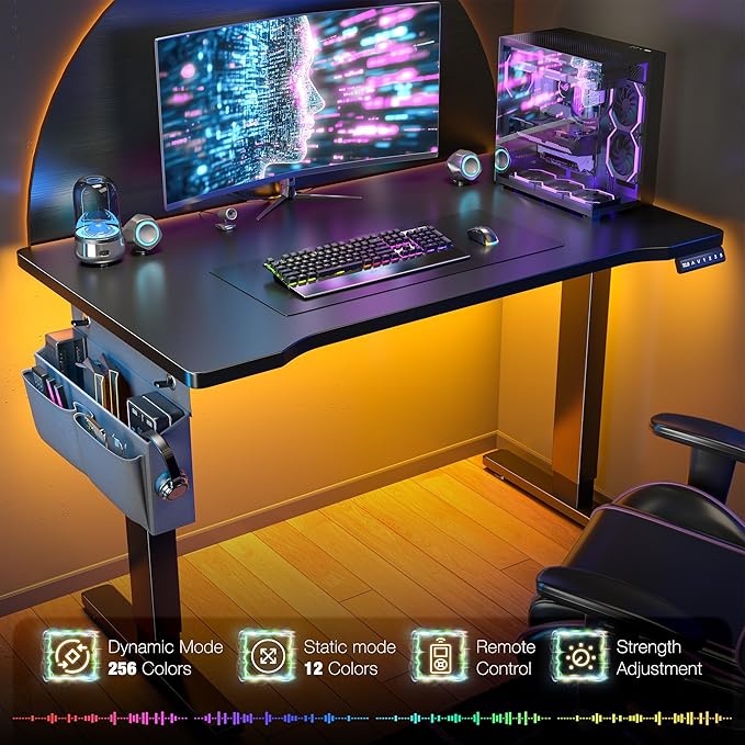 EnHomee Electric Standing Desk with LED Lights,48 x 24 Inch Height Office Desk with 3 Memory Preset, Adjustable Computer Desk with Storage Side Pocket and Cable Management,Black