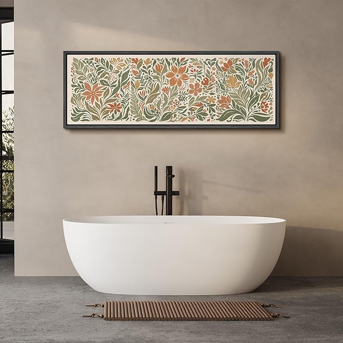 SIGNFORD Large Framed Canvas Folk Floral Garden in Earth Tones Illustrations Modern Art Calm Warm for Living Room, Bedroom, Office - 60"x20"