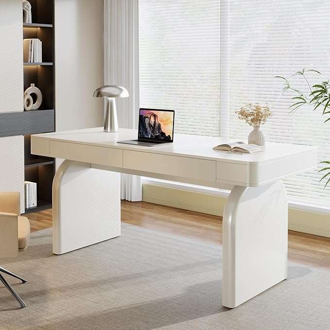 Tribesigns White Desk with Drawers, 63-Inch Modern Executive Office Desk, Glossy Elegant Work Study Desk Writing Table for Home Office, Cream White