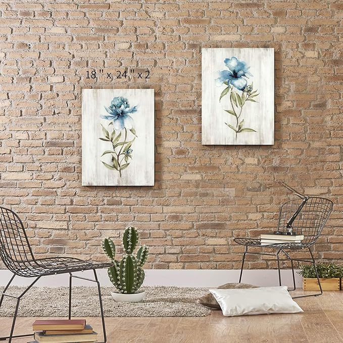 Hardy Gallery Blue Flower Canvas Wall Art: Botanical Floral Artwork Wildflower Picture Painting for Bedroom (24'' x 18'' x 2 Panels)