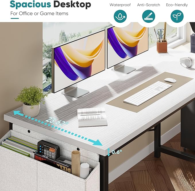 OLIXIS Computer Desk 63 Inch Home Office Desks for Small Spaces, Gaming Writing Study Work Table with Storage Bag and Headphone Hook for Bedroom, White