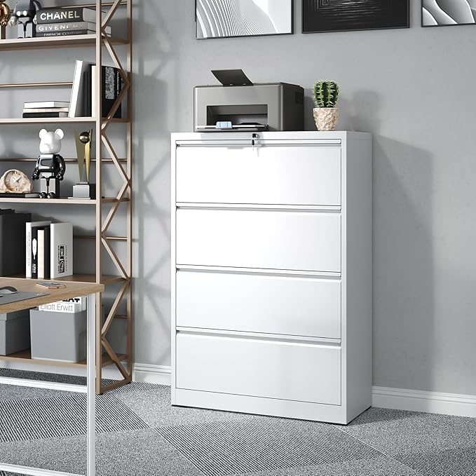 Metal Lateral File Cabinets with Lock,4 Drawer Filing Cabinets for Home Office,Storage Cabinets for Hanging Files Letter/Legal/F4/A4 (White)