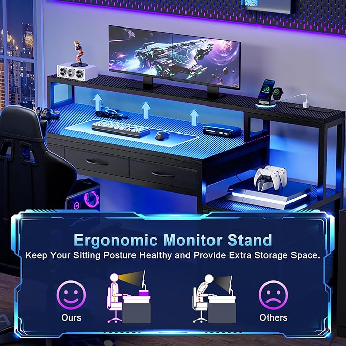 REAHOME 61 Inch Gaming Desk with Charging Station and LED Lights, Reversible Computer Desk with Storage Drawer and Monitor Stand, Modern Desk Table with File Cabinet & Side Pocket, Carbon Fiber Black