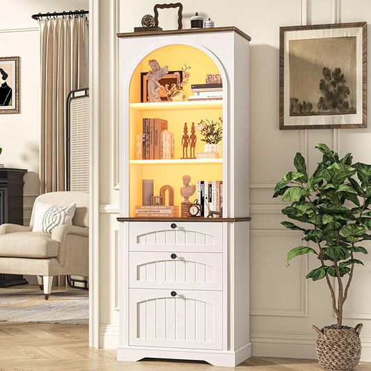 Farmhouse File Cabinet Fits Letter/Legal/A4 Size Hanging File Folders, 3-Tier Floor Standing Bookcase with File Drawer and Open Shelf, Wood Filing Cabinet Printer Stand for Home Office, White