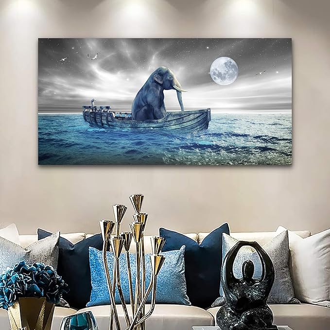 MHARTK66 Abstract Wall Art Large Size Elephant Artwork Wall Decor Stretched Canvas Painting Beach Picture for Living Room Bedroom Office Home Decor Ocean Seascape Poster Ready for Hanging 30"x60"