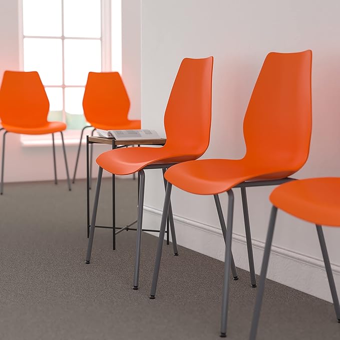 Flash Furniture HERCULES Series 770 lb. Capacity Orange Stack Chair with Lumbar Support and Silver Frame