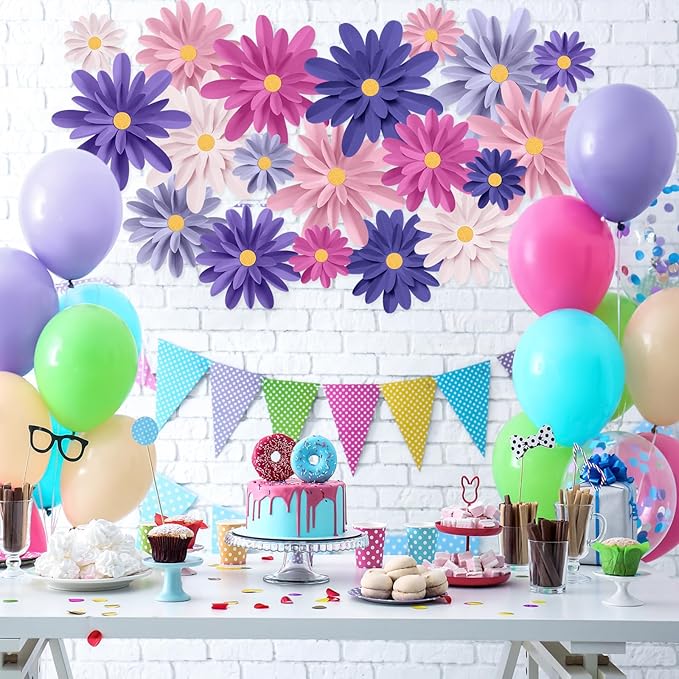18 Pcs Paper Flowers Decorations for Wall DIY Flower Bulletin Board 3D Fiesta Paper Floral Backdrop Decoration for Photo Backdrop Classroom Back to School Party(Pink Purple Series)