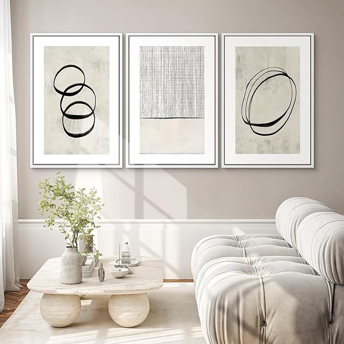 SIGNWIN Framed Canvas Print Wall Art Set Geometric Ring Grid Landscape Graffiti & Street Art Abstract Cozy Neutral Modern Art Decorative Nordic for Living Room, Bedroom, Office - 16"x24"x3 White