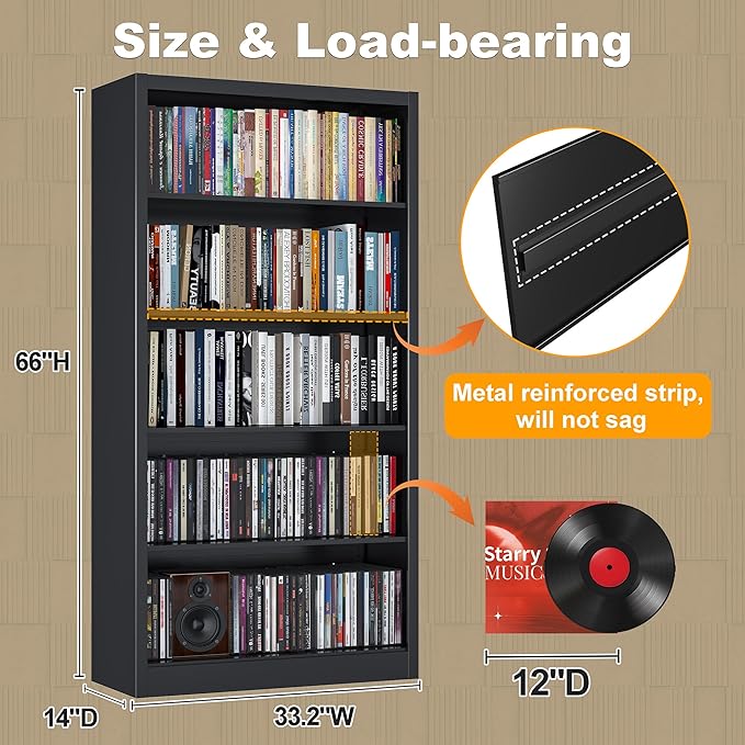 Book Shelf, 14" Deep Bookshelves Cases for Books, Garage Kit, CDs, 66" Tall Bookcase for Home Office Library Living Room, 5 Tier Bookshelf with Adjustable Shelves, Black Bookshelf