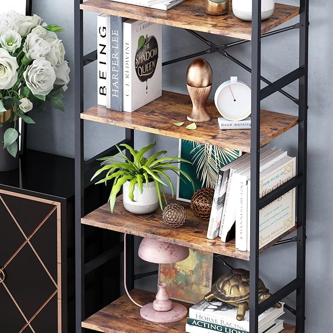 6 Tier Tall Rustic Wood Bookshelf, Metal Frame Standing Bookcase, Open Back Modern Office Bookcases, Industrial Vintage Book Shelf Unit