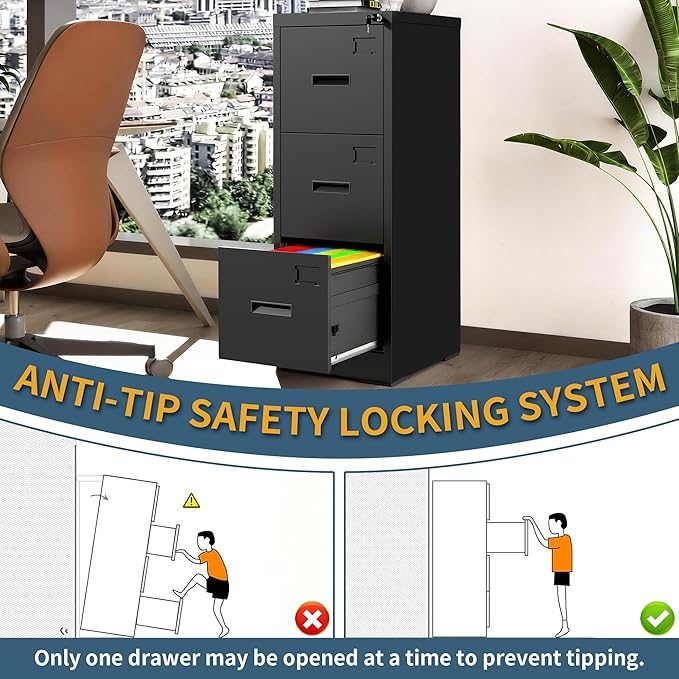3 Drawer File Cabinet with Lock, Vertical Filing Cabinets for Home Office, Heavy Duty File Cabinet, Metal Storage Cabinets for Letter/Legal/A4/F4 Size Assembly Required, Black