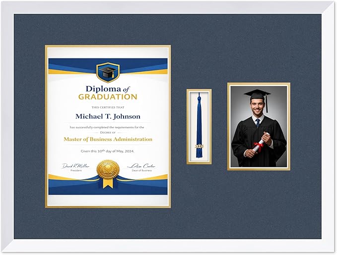 Diploma Tassel and Photo Frame Bright White Shadowbox Navy Blue Over Gold Mat - Fits 10 x 13 Degree Picture Made in the USA