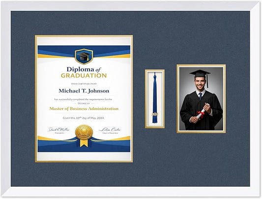 Diploma Tassel and Photo Frame Bright White Shadowbox Navy Blue Over Gold Mat - Fits 10 x 13 Degree Picture Made in the USA