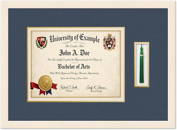 CountryArtHouse Diploma and Tassel Frame Fits 13 x 10 College Diploma (Traditional) Wi Coastal Whitewash Genuine Hardwood Shadowbox with Navy Blue Over Metallic Gold Double mat