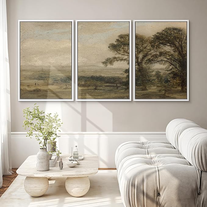 SIGNWIN Framed Canvas Print Wall Art Set Vintage Countryside Landscape Classic Pastoral Scenery Illustrations Modern Art Decorative Abstract for Living Room, Bedroom, Office - 24"x36"x3 White