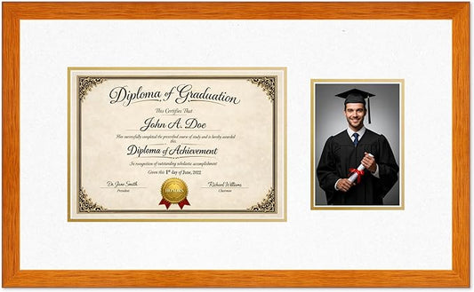 Diploma Frame With Photo Opening Honey Oak Oyster Shell Over Gold Mat - Fits 11.69 x 8.27 Degree and Picture Made in the USA