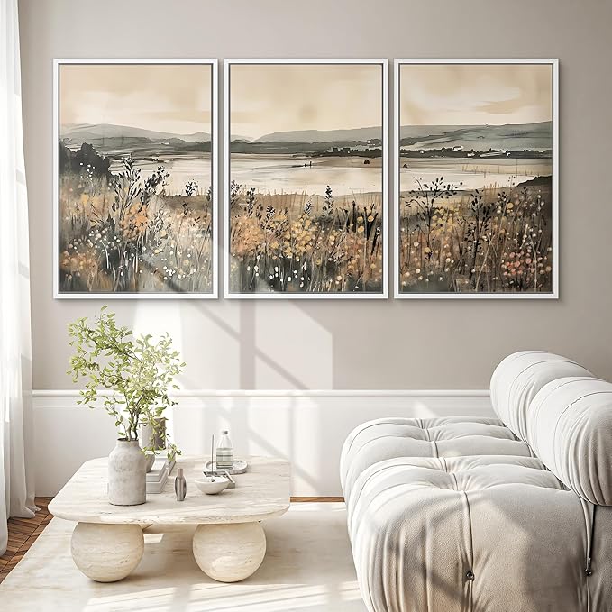 SIGNWIN Framed Canvas Print Wall Art Set Lakeside Meadow Rustic Countryside Watercolor Illustrations Modern Art Decorative for Living Room, Bedroom, Office - 16"x24"x3 White