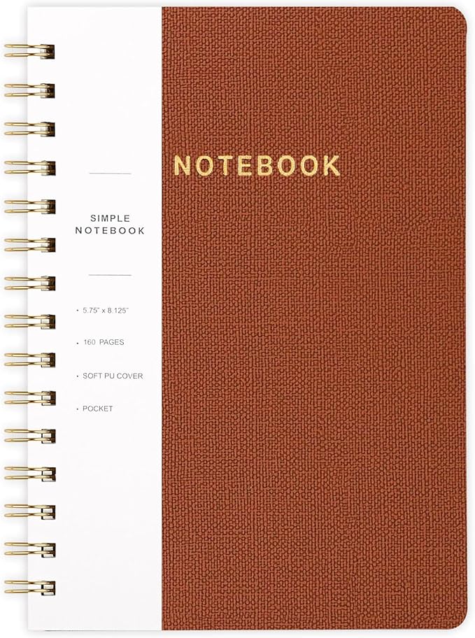 Spiral Notebook-5.75" x 8.125" College Ruled Journal with Inner Pockets and 160 Pages,PU Leather Cover Business Journal, Twin-Wire Binding Notebook Perfect for Office & Home School Supplies Brown
