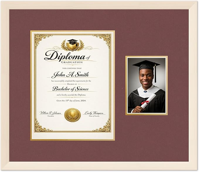 CountryArtHouse Fits 10 x 13 College Diploma (Portrait Traditional) and 5 Diploma and Photo Frame Coastal Whitewash Genuine Hardwood with Dark Red Over Metallic Gold Double mat