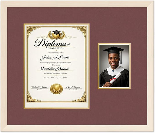 CountryArtHouse Fits 10 x 13 College Diploma (Portrait Traditional) and 5 Diploma and Photo Frame Coastal Whitewash Genuine Hardwood with Dark Red Over Metallic Gold Double mat