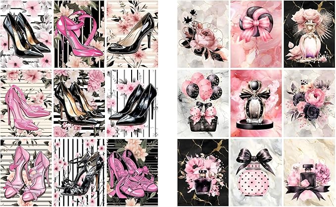 Generic Paper Moon Media: Black and Pink Fashionista Scrapbook and Junk Journal Tags 8.5 x 11, 6 Sheets for Journals, Scrabpooking, ATC, Card Making etc, Collage Sheet Bundle, Single Sided Prints