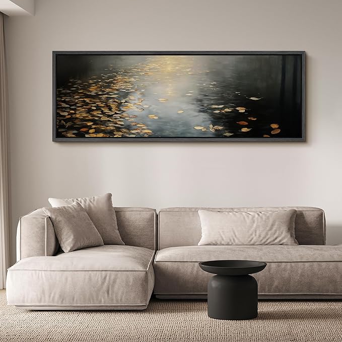 SIGNFORD Large Framed Canvas Print Wall Art Moody Water Reflection with Floating Leaves Illustrations Modern Art Calm Warm for Living Room, Bedroom, Office - 60"x20"
