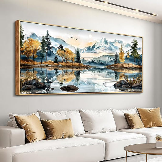 ERQINHUA Large Abstract Wall Art Living Room Wall Decor for Bedroom Office Decoration Watercolour Paint Tree Lakeside Landscapes Picture Canvas Artwork Home Decor Ready to Hang 32x72 In Wood Framed