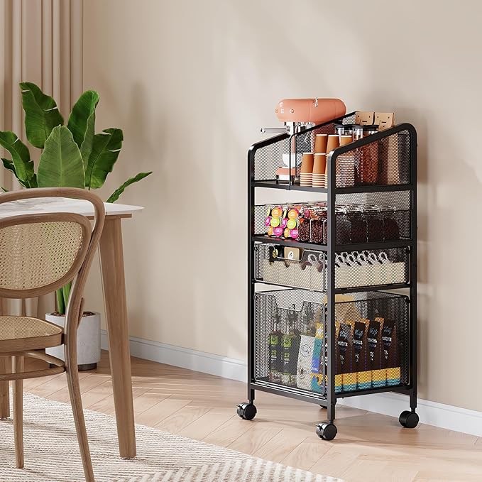 2 Drawer File Cabinet with Adjustable Dividers, 4-Tier Mobile Vertical Filing Cabinet on Lockable Wheels, Hanging File Organizer Cart for Letter-Size,Rolling Utility Cart for Home Office