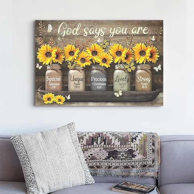 Parylore Vintage Sunflower Wall Art Canvas Christian Scripture Decor Print God Says You Are Painting Framed Modern Artwork For Living Room Bedroom Bathroom Office Home 12x16 In