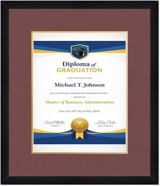 Diploma Frame Matte Black with Dark Red Over Gold Double Mat - Fits 11 x 14 College Diploma (Portrait) Wall Display Made in the USA