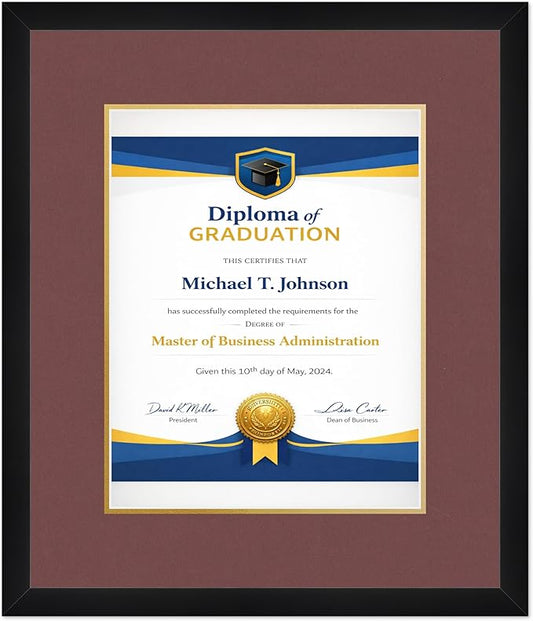 Diploma Frame Matte Black with Dark Red Over Gold Double Mat - Fits 11 x 14 College Diploma (Portrait) Wall Display Made in the USA