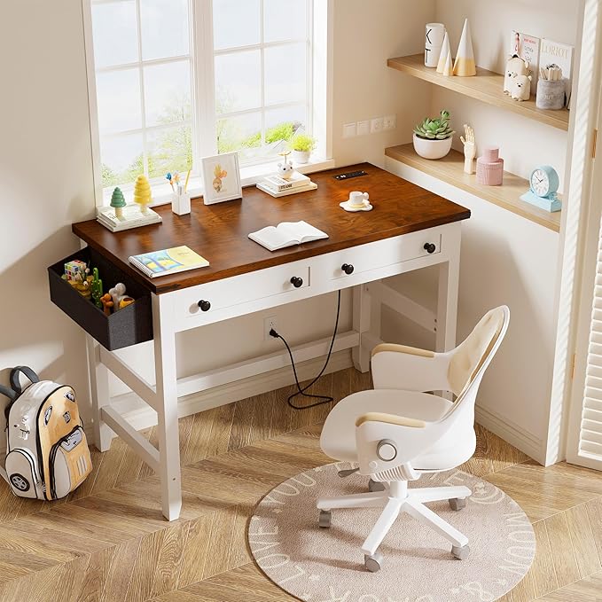 EnHomee Computer Small Desk with Power Outlets, White Desk with 2 Drawers, Small Study Writing Table with Stable Frame for Home Office, Modern Simple Vanity Desks for Bedroom