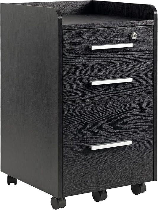 HOMCOM Vertical Filing Cabinet 3-Drawer, Mobile File Cabinet with Lock and Wheels for A4, Letter Size, Black