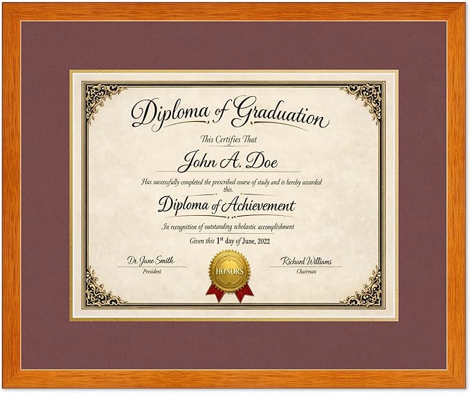 Diploma Frame Honey Oak with Dark Red Over Gold Double Mat - Fits 17 x 13 International Diploma Wall Display Made in the USA