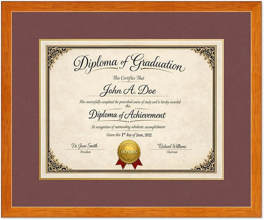 Diploma Frame Honey Oak with Dark Red Over Gold Double Mat - Fits 17 x 13 International Diploma Wall Display Made in the USA