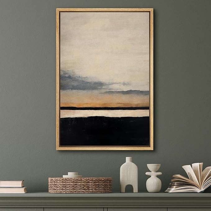 SIGNFORD Framed Canvas Print Wall Art Coastline at Dusk Illustration Minimalism Decorative Colorful Mid-Century for Living Room, Bedroom, Office - 16"x24" NATURAL