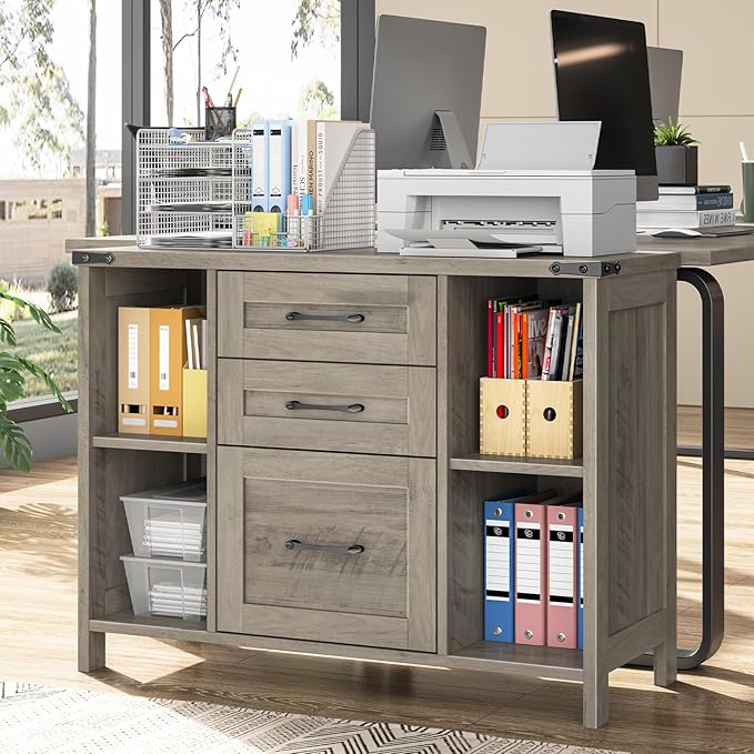 Farmhouse File Cabinet, Lateral Filing Cabinet with 3 Drawers for Letter/A4 Size Hanging Files, Large Wooden Printer Stand with Adjustable Shelves for Home Office, Rustic Grey