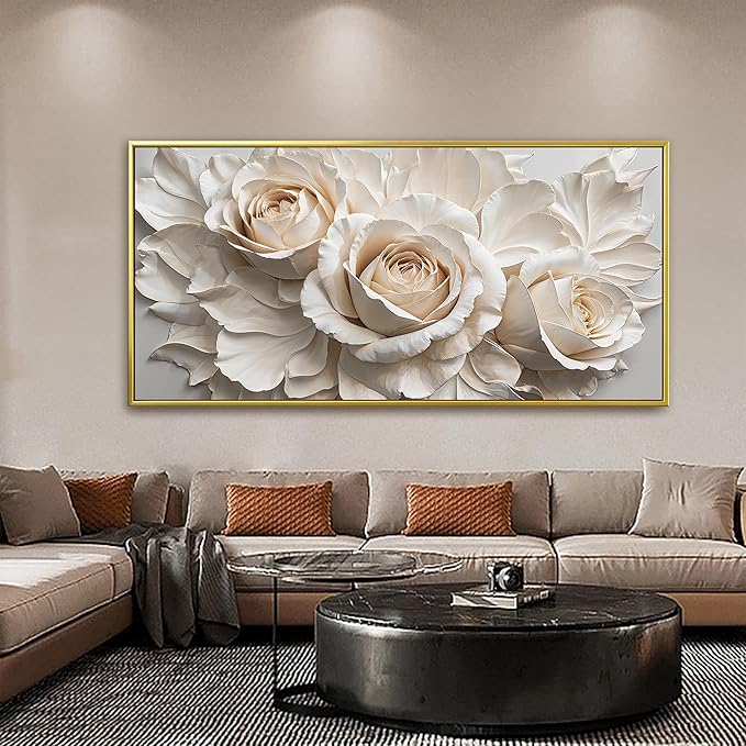 QSQ Large Gold Framed Wall Art For Living Room Home Wall Decor Modern Canvas Art Wall Decor 29 X 58 Inches White Flower Wall Art Elegant Picture For Bedroom Hotel Office Artwork