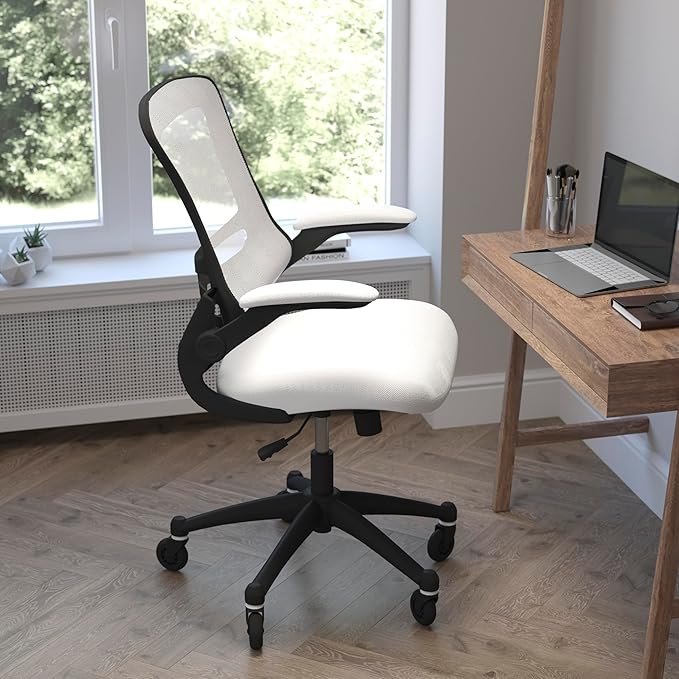Flash Furniture Kelista Mid-Back White Mesh Swivel Ergonomic Task Office Chair with Flip-Up Arms and Transparent Roller Wheels