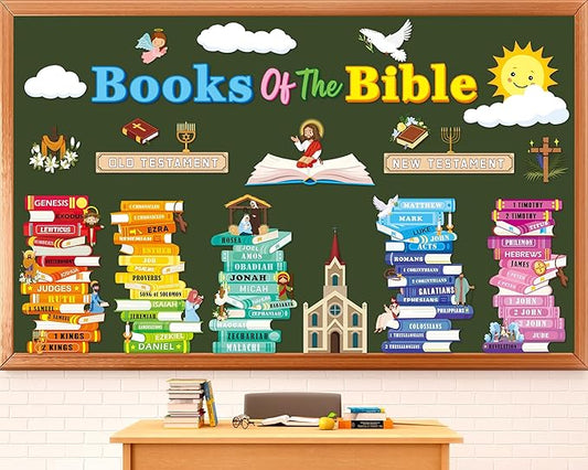 gisgfim Books of The Bible Bulletin Board Decorations Set Back to School Classroom Religious Paper Cutouts Colorful Christian Jesus Bulletin Board Decor for Sunday School Nursery VBS Chalkboard Wall