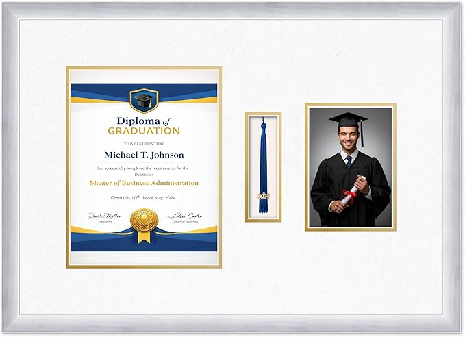 Diploma Tassel and Photo Frame Stainless Silver Shadowbox Oyster Shell Over Gold Mat - Fits 8.5 x 11 Degree Picture Made in the USA